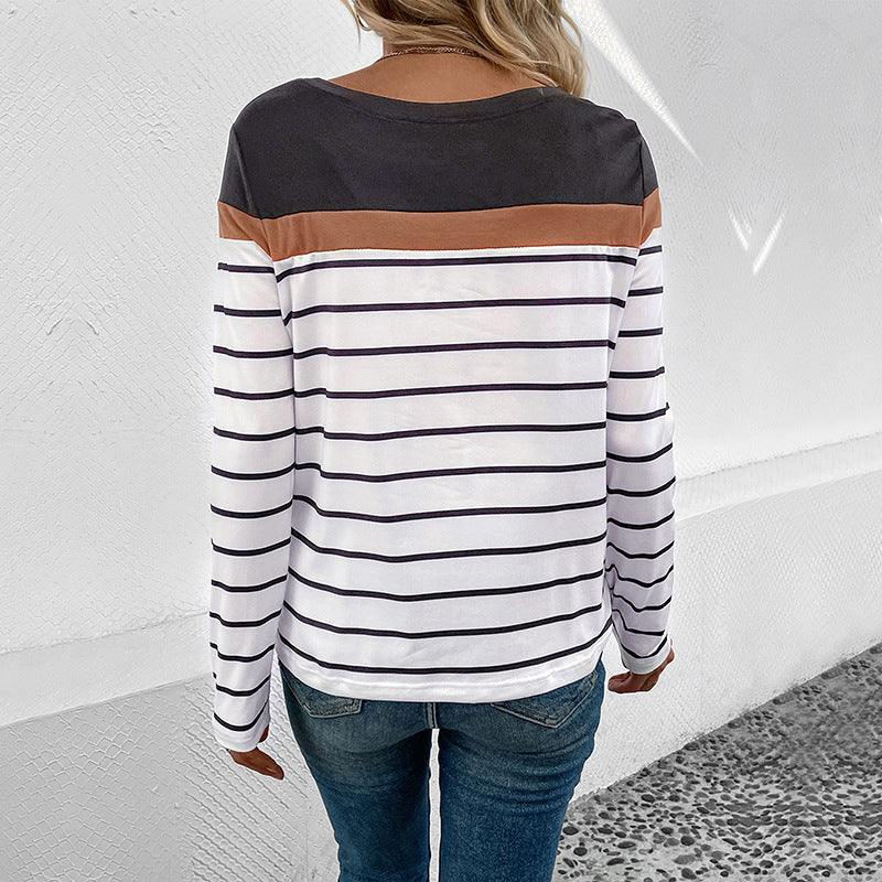 Damen Langarm-Shirt mit Streifenmuster, kontrastierender Passe und legerer Silhouette – Orélia