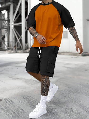 Herren Sportliches T-Shirt und Cargo-Shorts Set mit Kontrastärmel und praktischen Taschen Echoarchiv