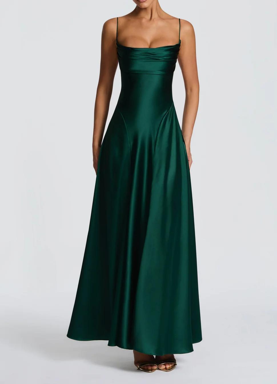 Damen Elegantes Maxi-Kleid mit fließendem Satin und verführerischem Spaghettiträger Echoarchiv
