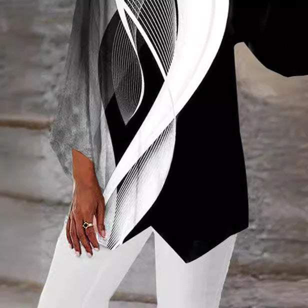 Damen asymmetrisches Langarmshirt mit Grafikdruck und Fledermausärmeln – Avérine