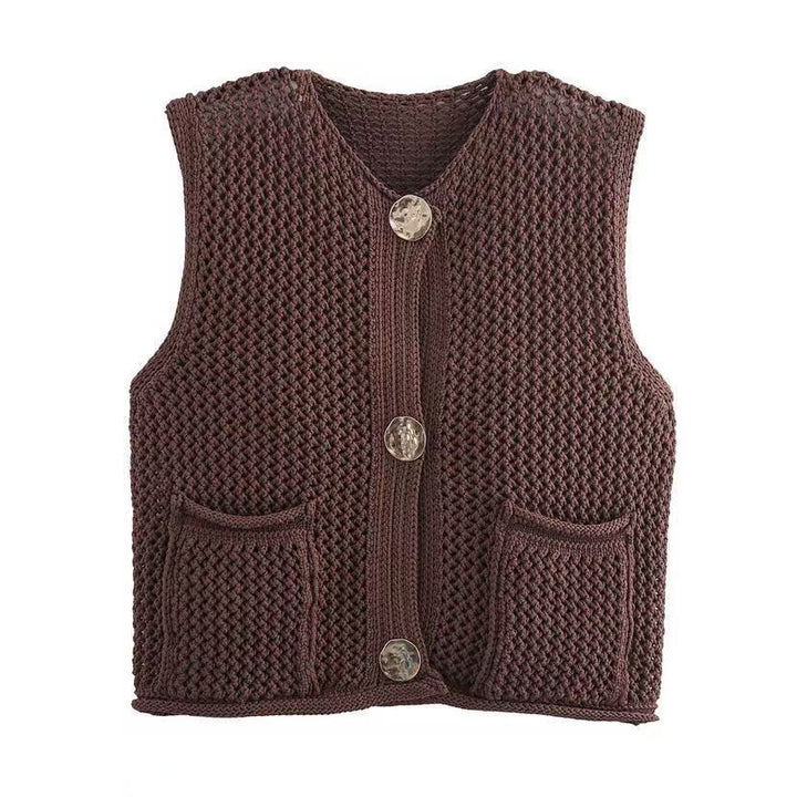 Damen gehäkelte Strickweste mit großen Zierknöpfen und Aufsatztaschen – Veloura