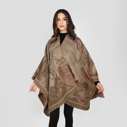 Damen Jacquard-Cape mit grafischem Blumenmotiv und kastigem Oversize-Schnitt – Avérine