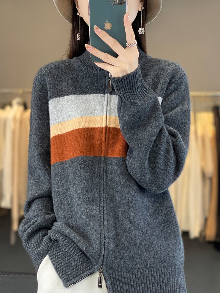 Damen Reißverschluss-Strickcardigan aus weichem Wollmix mit Blockstreifen und geripptem Saum Echoarchiv