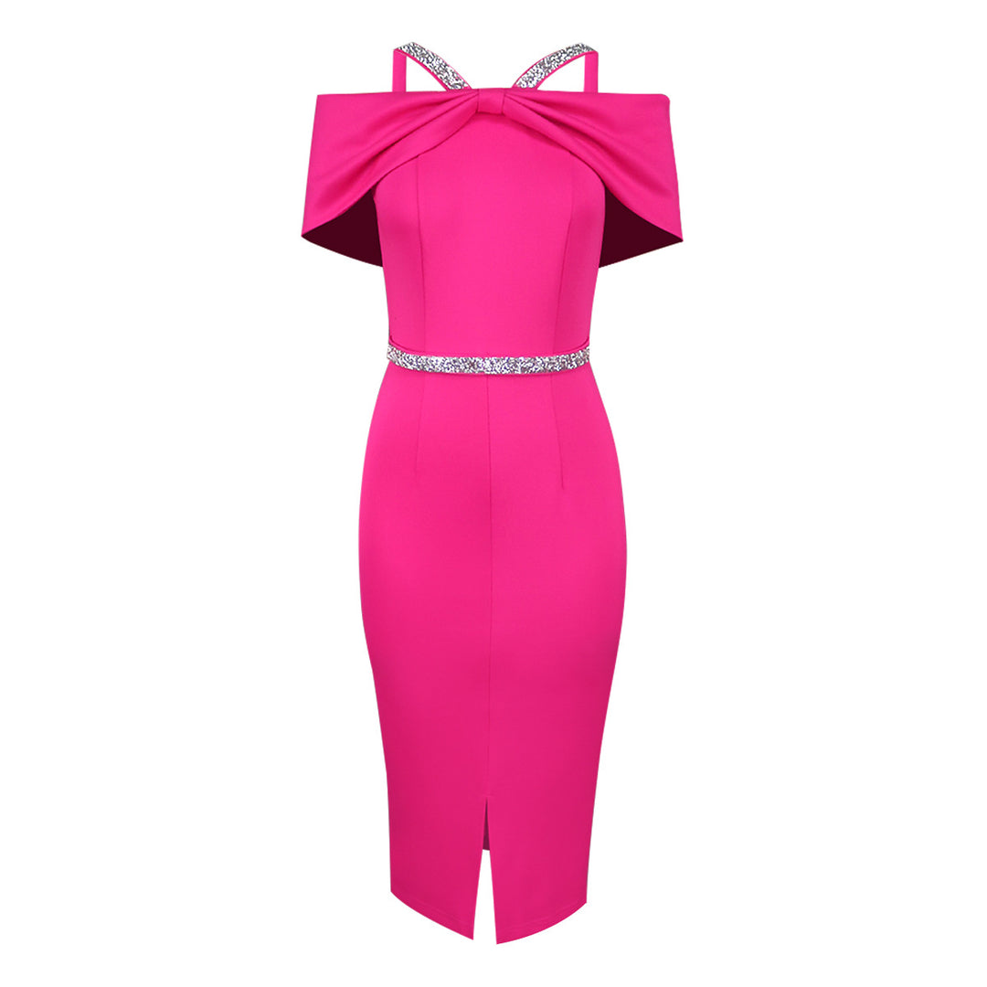 Damen elegantes schulterfreies Midi-Kleid mit funkelndem Taillengürtel Echo Archiv