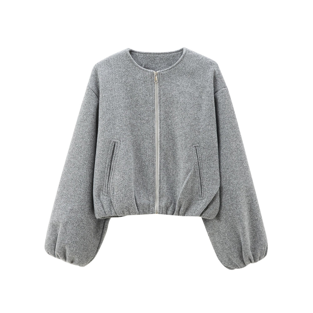Damen Kurzer Wollmix-Bomber mit Rundhals, Reißverschluss und elastischem Saum Echo Archiv