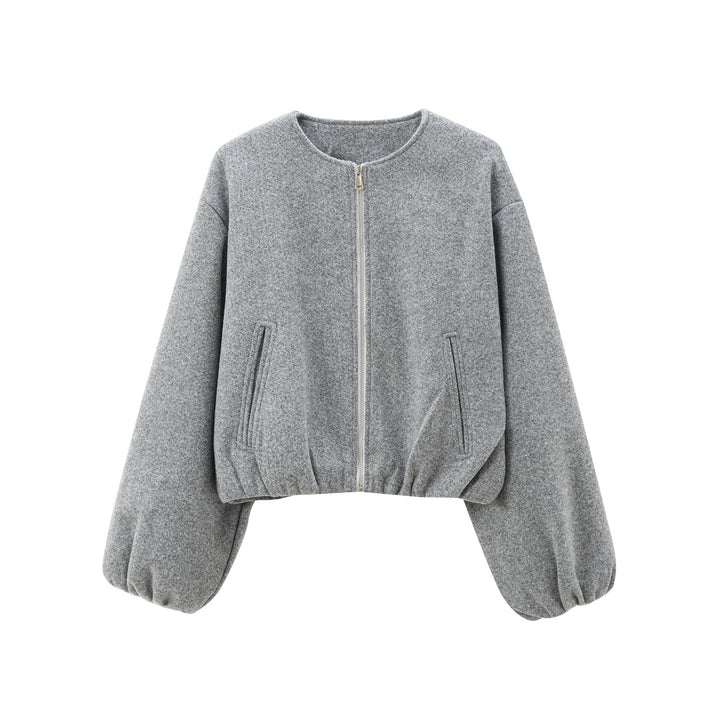 Damen Kurzer Wollmix-Bomber mit Rundhals, Reißverschluss und elastischem Saum Echo Archiv