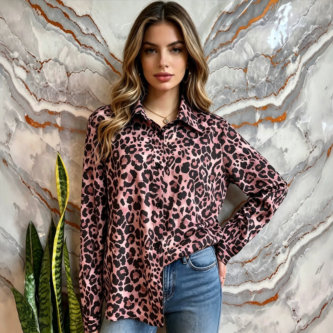 Damen Satin-Leopardenmuster Button-Up Bluse Echoarchiv