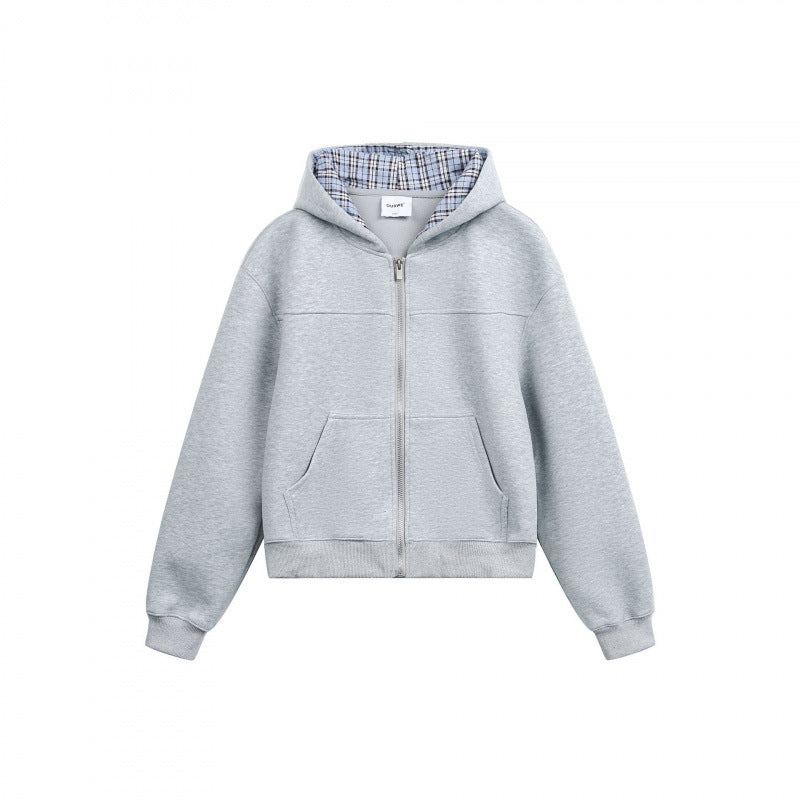 Damen Boxy-Kapuzen-Sweatjacke mit durchgehendem Reißverschluss, kariert gefütterter Kapuze und Kängurutaschen Echo Archiv