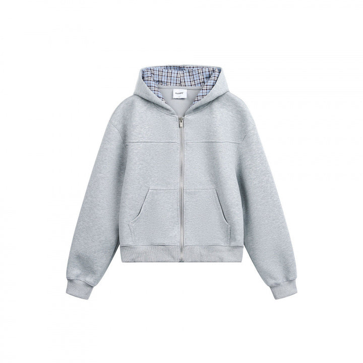 Damen Boxy-Kapuzen-Sweatjacke mit durchgehendem Reißverschluss, kariert gefütterter Kapuze und Kängurutaschen Echo Archiv