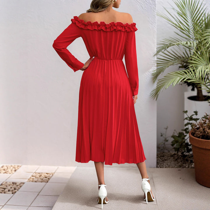 Damen Elegantes Off-Shoulder Plissee Kleid Echo Archiv