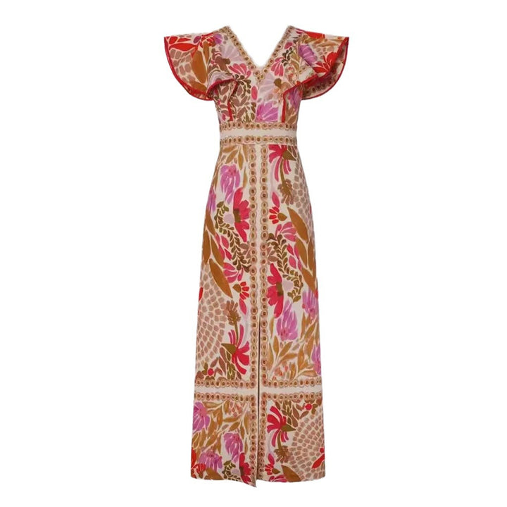 Damen Maxikleid mit farbenfrohem floralem Muster und Volantärmel Echo Archiv