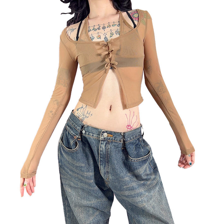 Damen langer Arm Mesh Bluse mit verstellbarem Knoten-Design Echo Archiv
