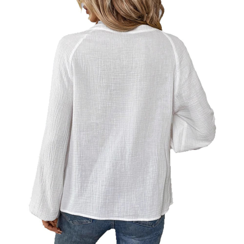 Damen nan lässige Baumwoll-Gauze-Bluse mit besticktem V-Ausschnitt, Paisley-Stickerei, Raglannähten und weiten Ballonärmeln Echo Archiv