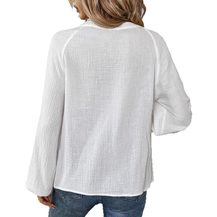 Damen nan bestickte Baumwoll-Gauze Tunika-Bluse mit ornamentaler V-Ausschnitt-Stickerei und Trompetenärmeln Echo Archiv