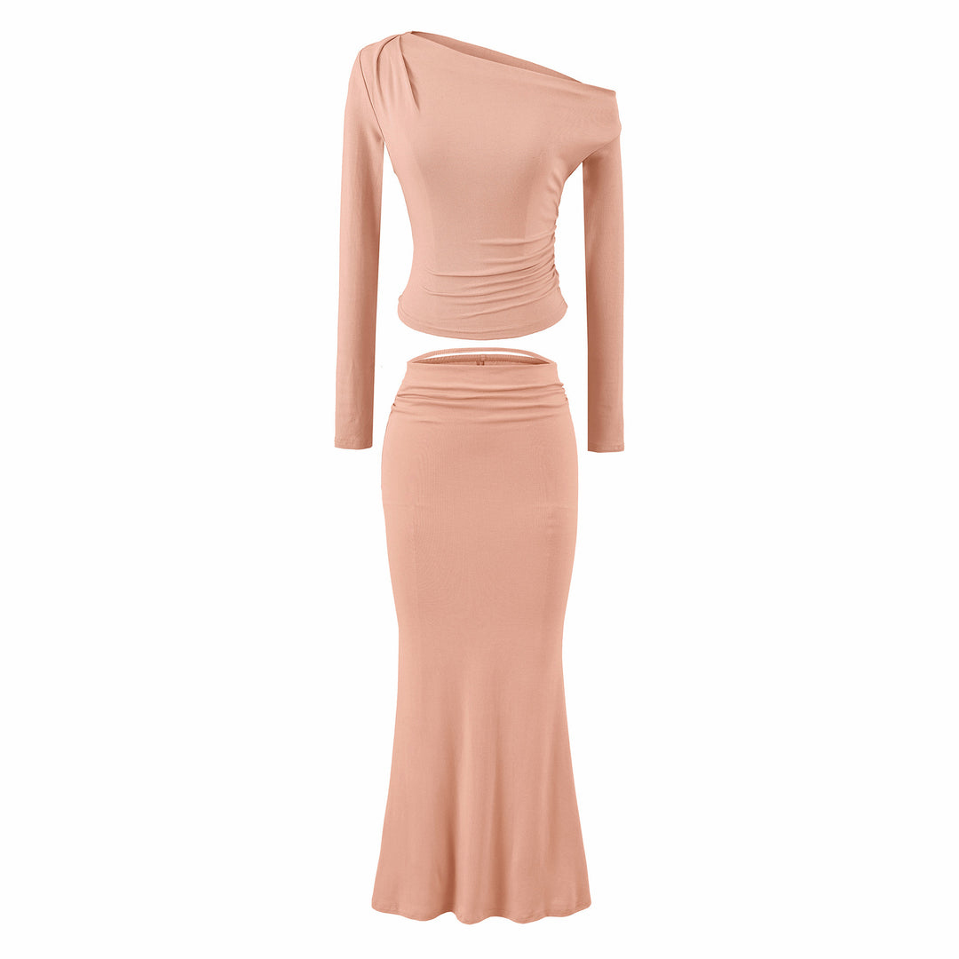Damen Einschultriges zweiteiliges Set mit gerafftem Crop-Top und tailliertem Maxirock Echoarchiv