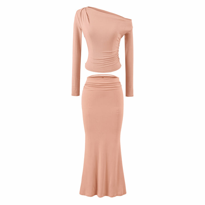 Damen Einschultriges zweiteiliges Set mit gerafftem Crop-Top und tailliertem Maxirock Echoarchiv
