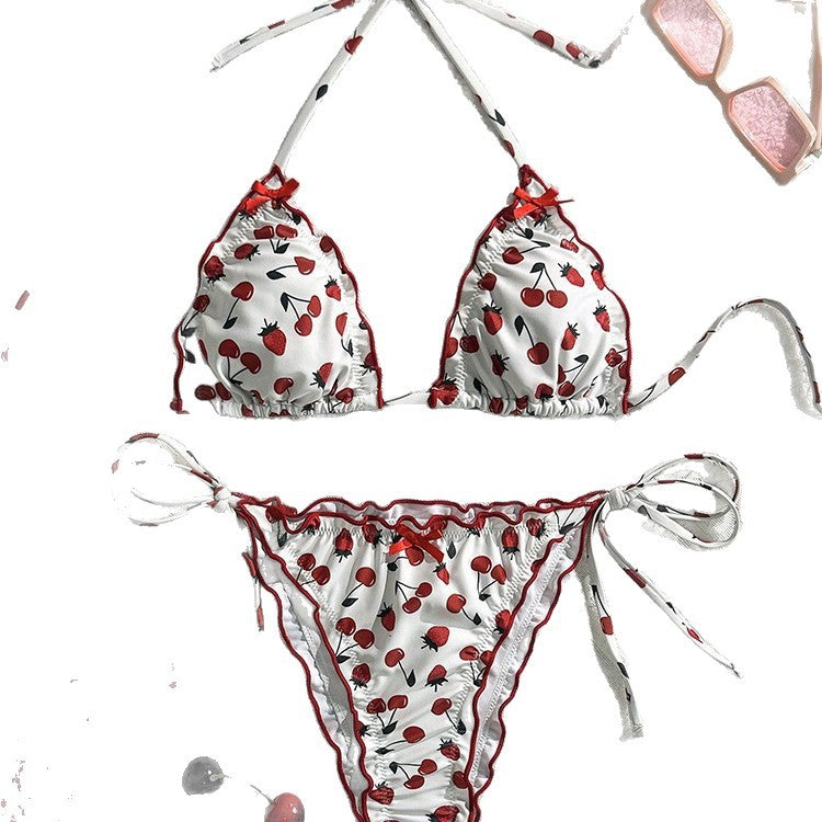 Damen Triangel-Bikini mit ausdrucksstarkem Kirschmotiv und verspielten Bindebändern Echo Archiv