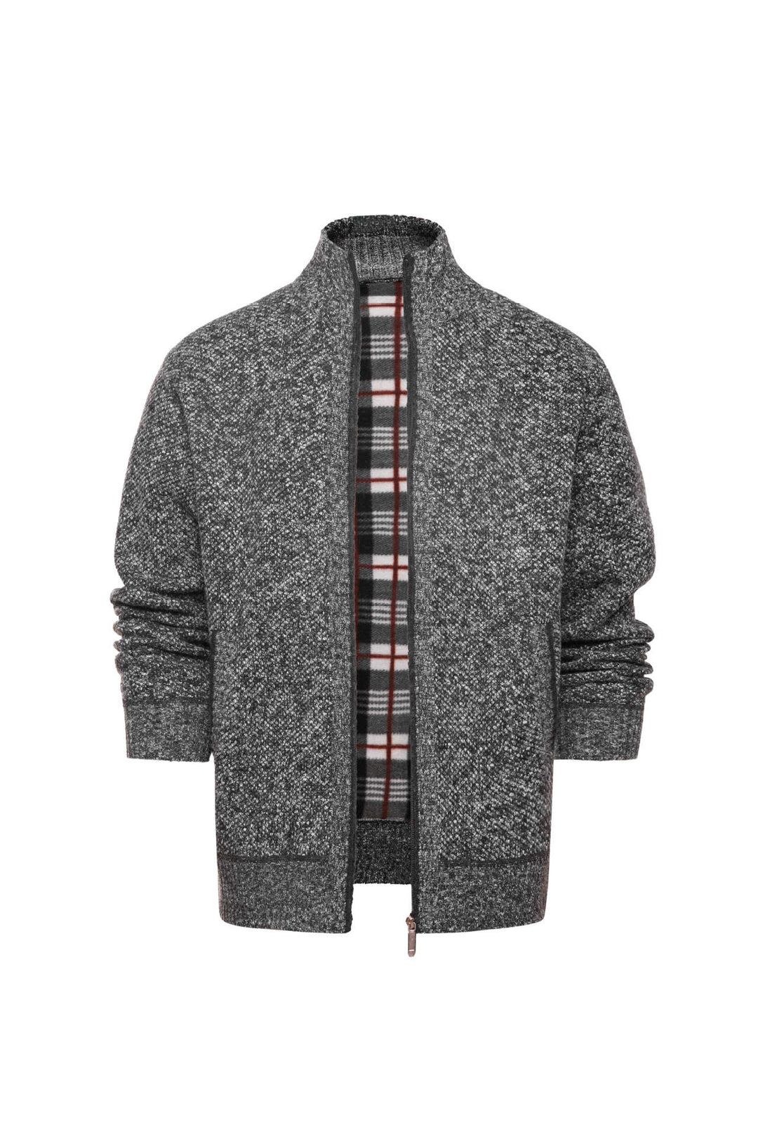 Herren gebürstete Strickjacke mit kariertem Thermofutter und Stehkragen – Taviero