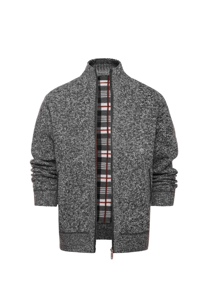 Herren gebürstete Strickjacke mit kariertem Thermofutter und Stehkragen – Taviero