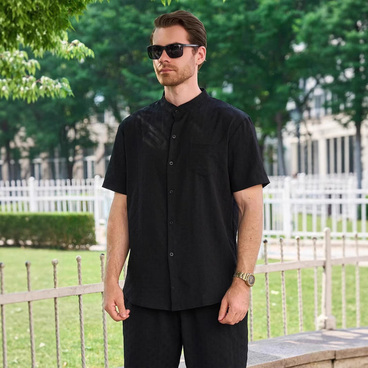 Herren Kurzarmhemd mit eleganten Strukturen und modernem Stehkragen Echoarchiv