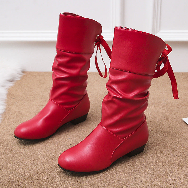 Damen  knielange Stiefel mit rückseitiger Schnürschleife, gerafftem Schaft und flachem Blockabsatz Echo Archiv