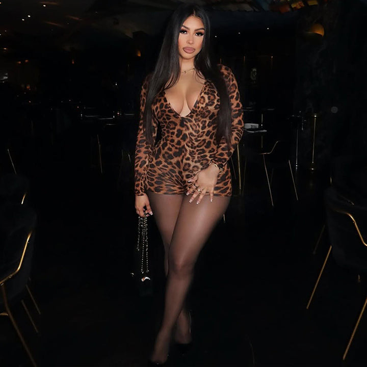 Damen stylischer Leopardenmuster Bodysuit mit V-Ausschnitt und langen Ärmeln Echo Archiv