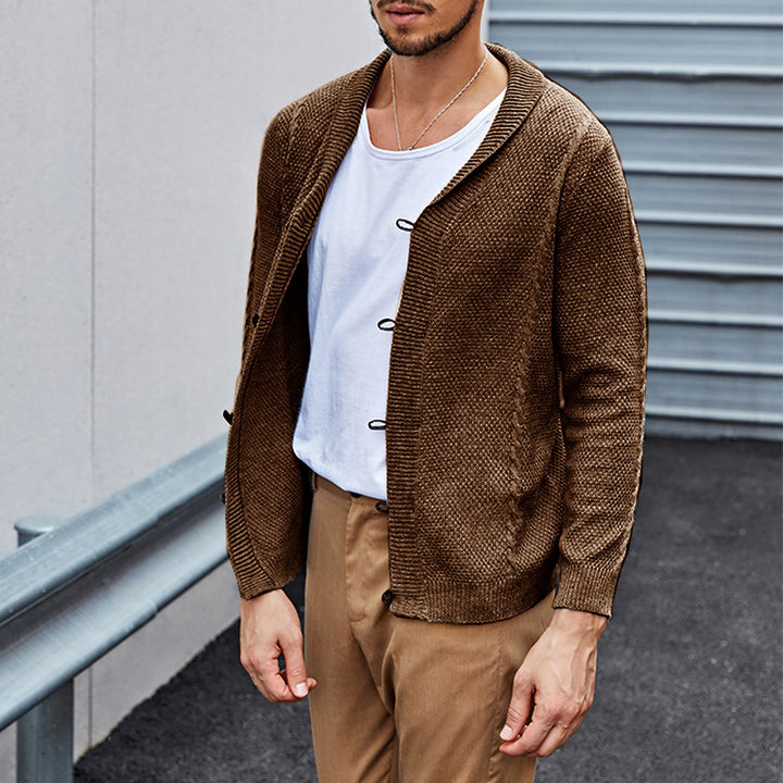 Herren Feinstrick-Cardigan mit Schalkragen, Karabiner-Verschlüssen und Strukturstrick Echo Archiv