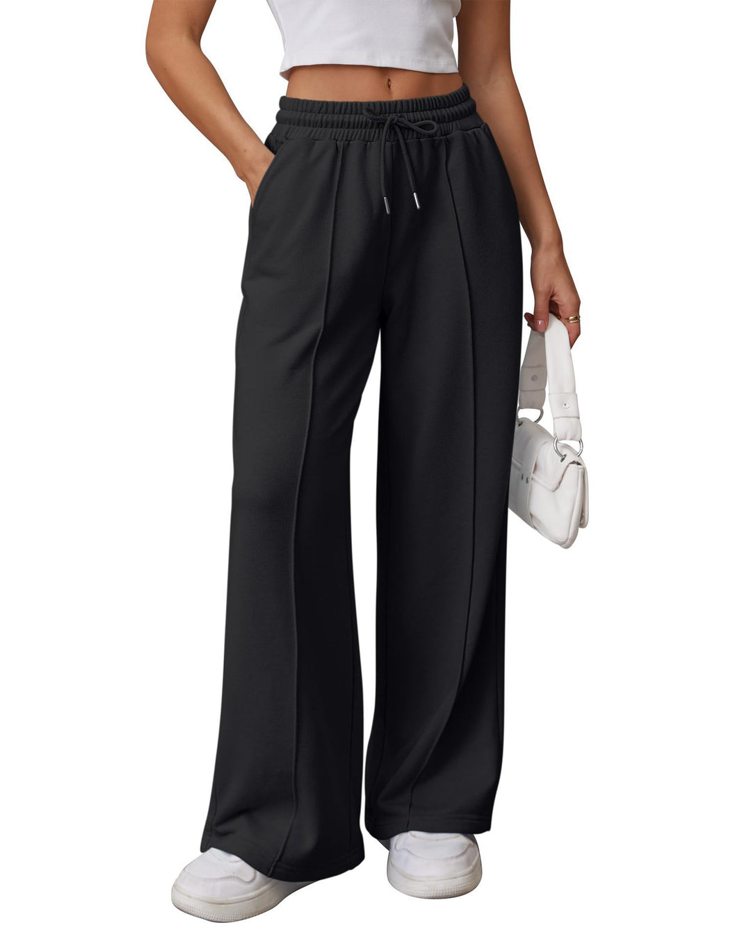 Damen nan High-Waist Relax-Freizeithose mit doppeltem Rippbund, sichtbarer Bügelfalte und weitem Bein Echo Archiv
