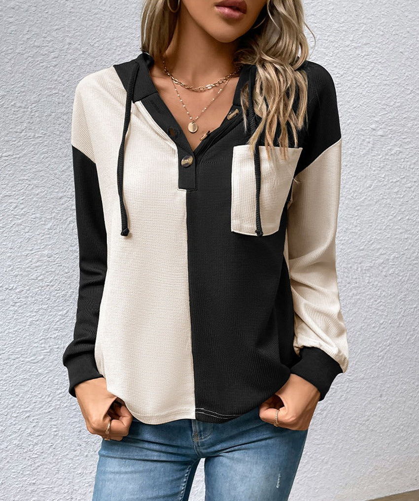 Damen nan Waffelstrick-Hoodie mit Henley-Knöpfen, Brusttasche und Kapuze Echo Archiv