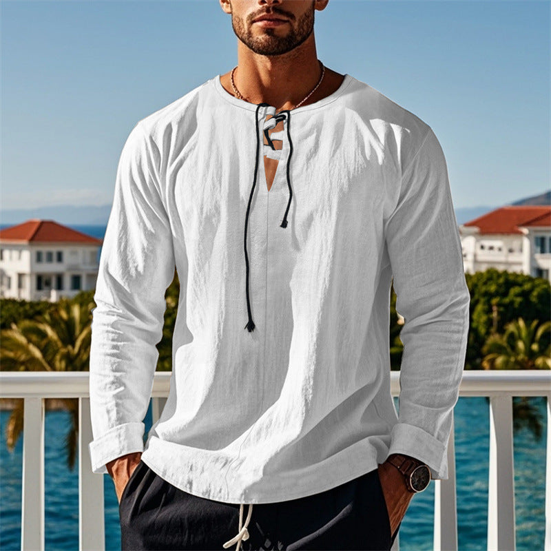 Herren modisches Langarmshirt mit Schnürung und V-Ausschnitt Echoarchiv