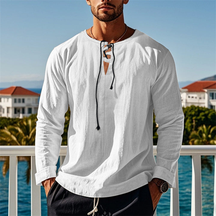 Herren modisches Langarmshirt mit Schnürung und V-Ausschnitt Echoarchiv
