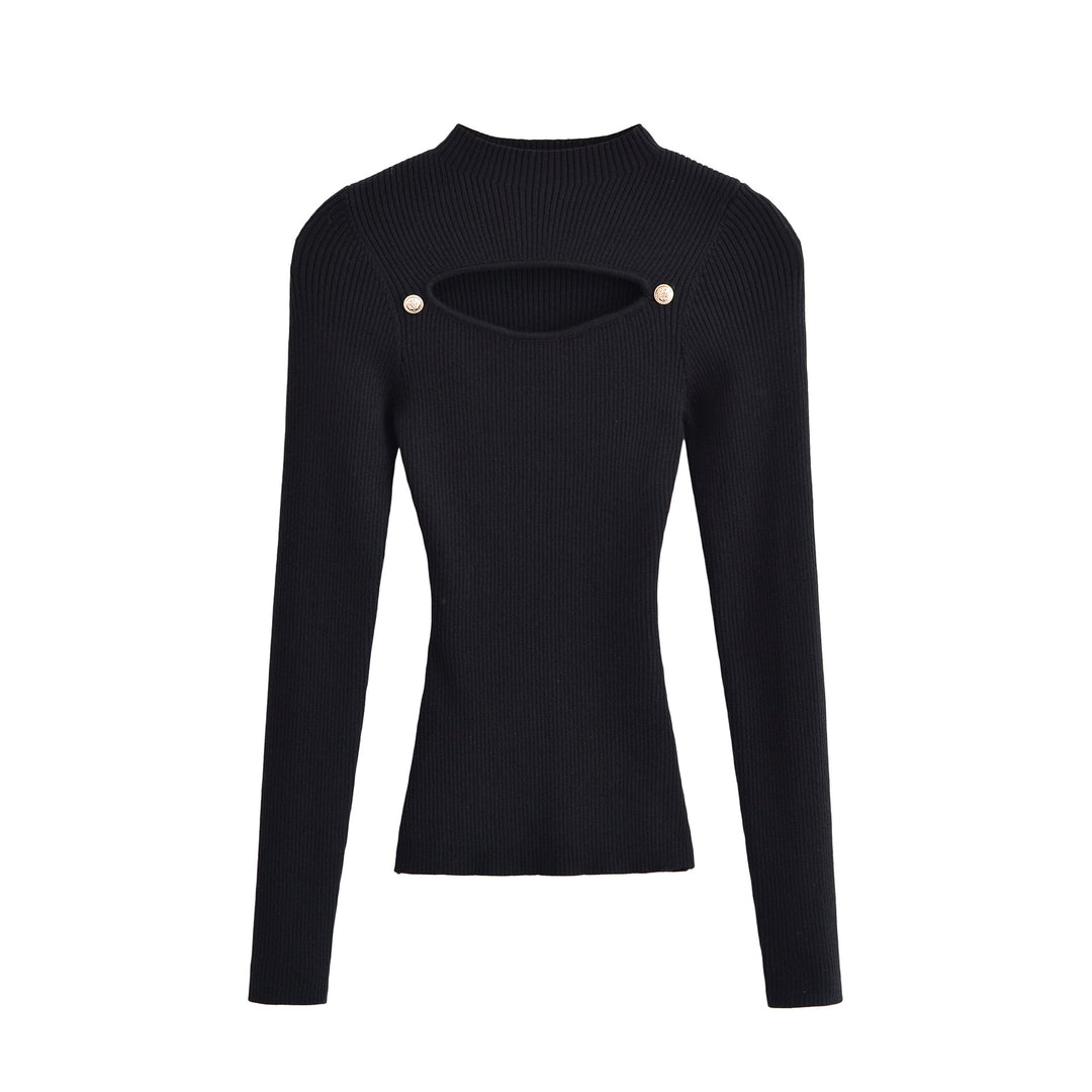 Damen Gerippter Stretch-Feinstrickpullover mit Brust-Cut-Out und Zierknöpfen Echoarchiv