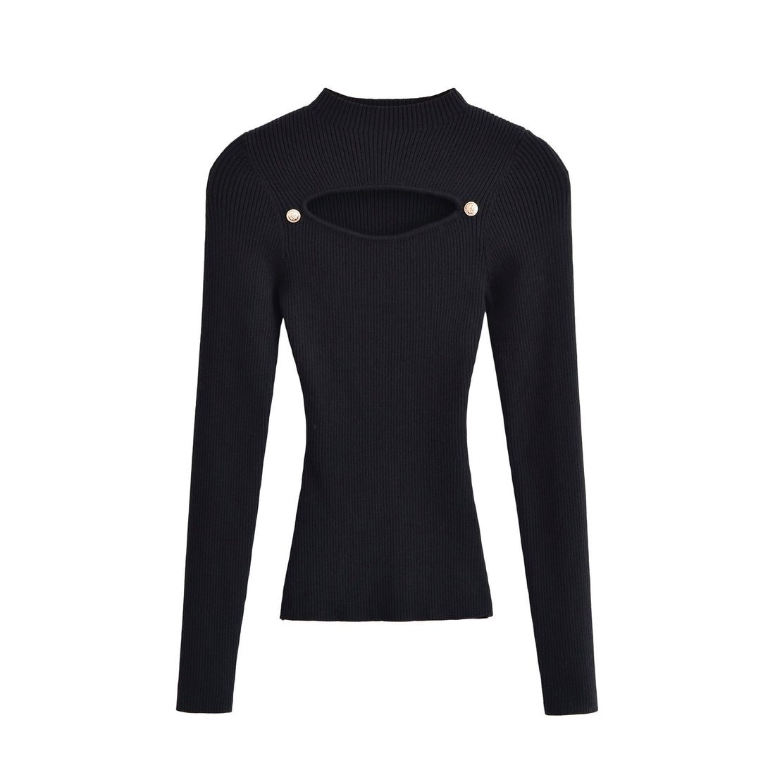 Damen Gerippter Stretch-Feinstrickpullover mit Brust-Cut-Out und Zierknöpfen Echoarchiv