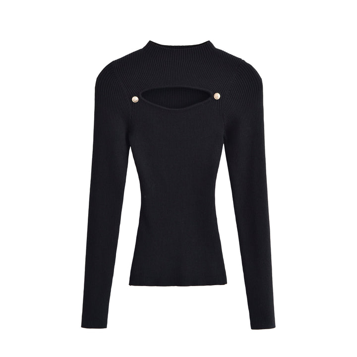 Damen Gerippter Stretch-Feinstrickpullover mit Brust-Cut-Out und Zierknöpfen Echoarchiv