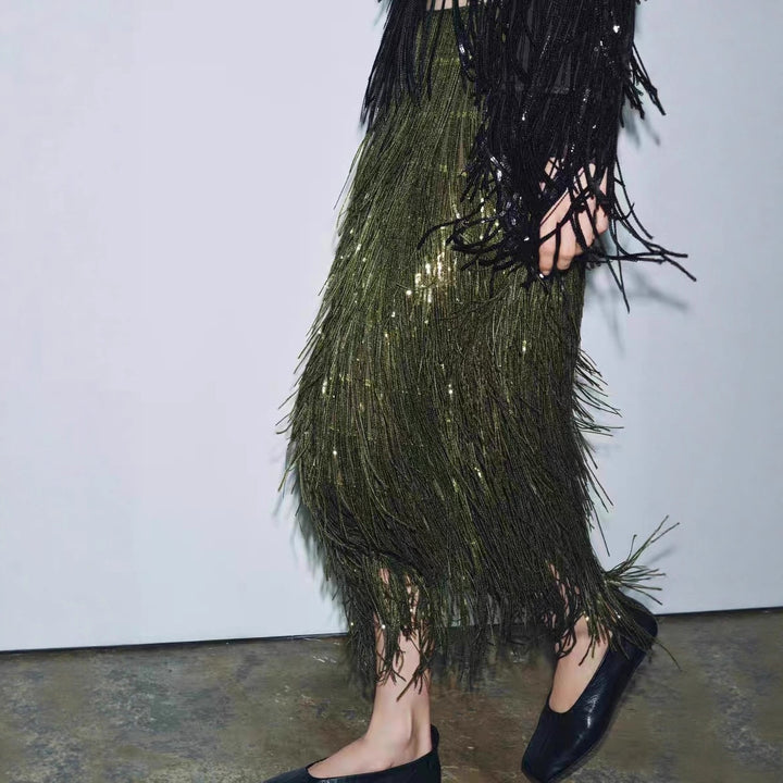 Damen Fransenrock aus schimmerndem Material mit eleganten Details Echo Archiv