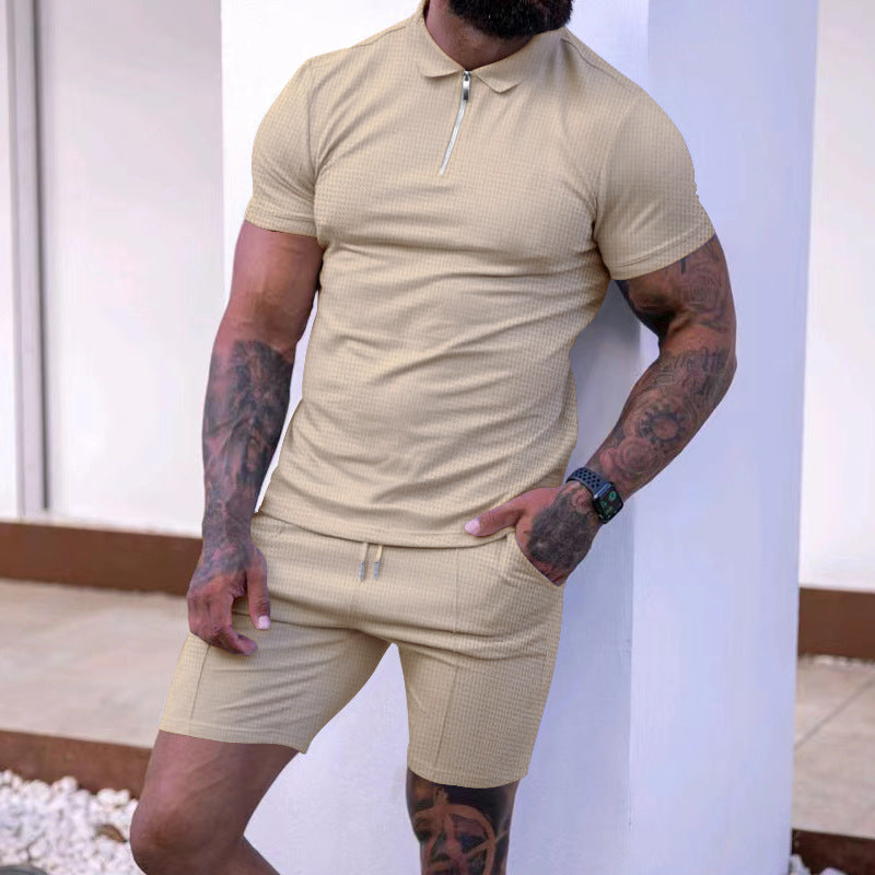 Herren modisches Polo- und Shorts-Set mit strukturiertem Gewebe und funktionalem Reißverschluss Echoarchiv