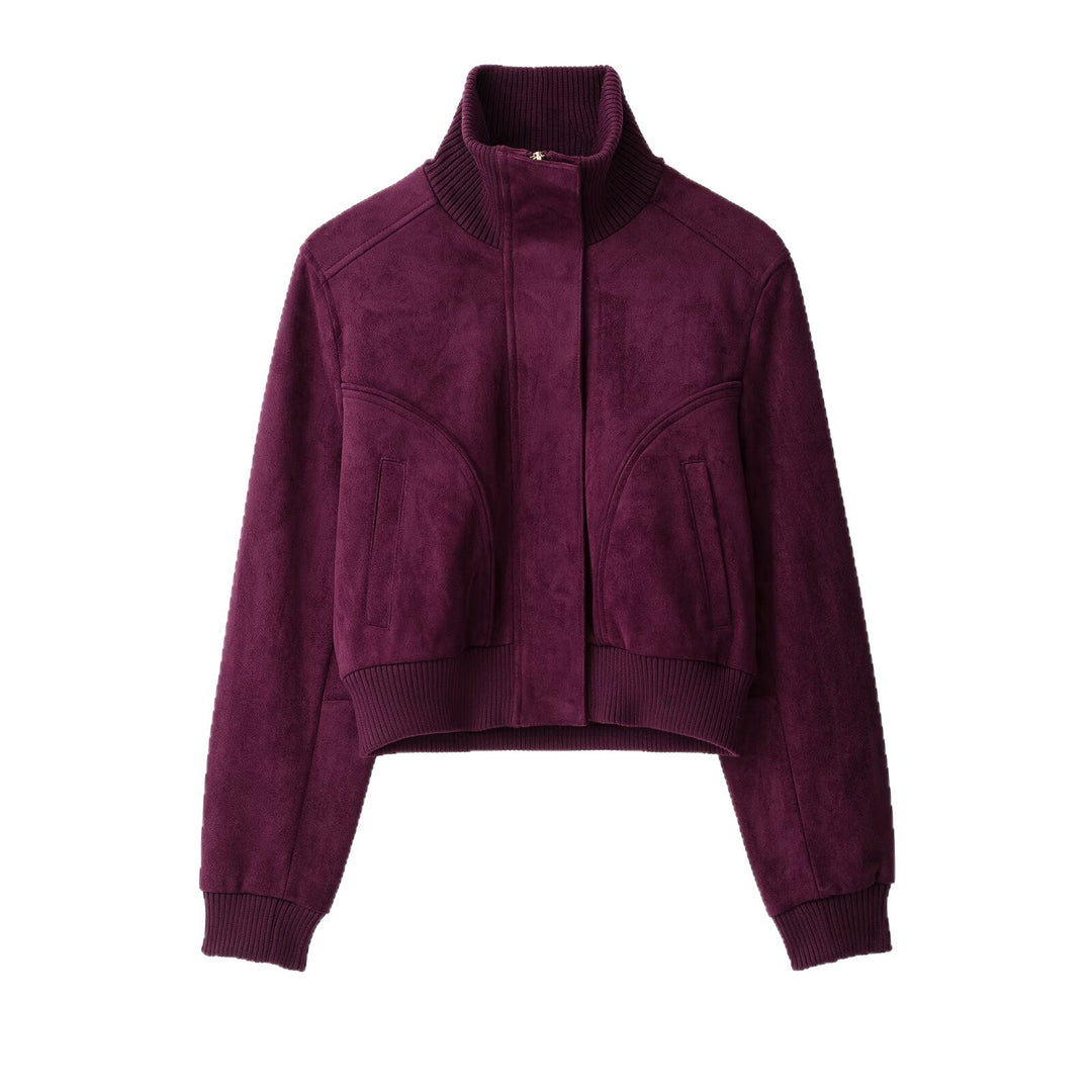 Damen Kurze Velours‑Optik‑Bomberjacke mit hohem Rippstehkragen und verdecktem Reißverschluss Echoarchiv