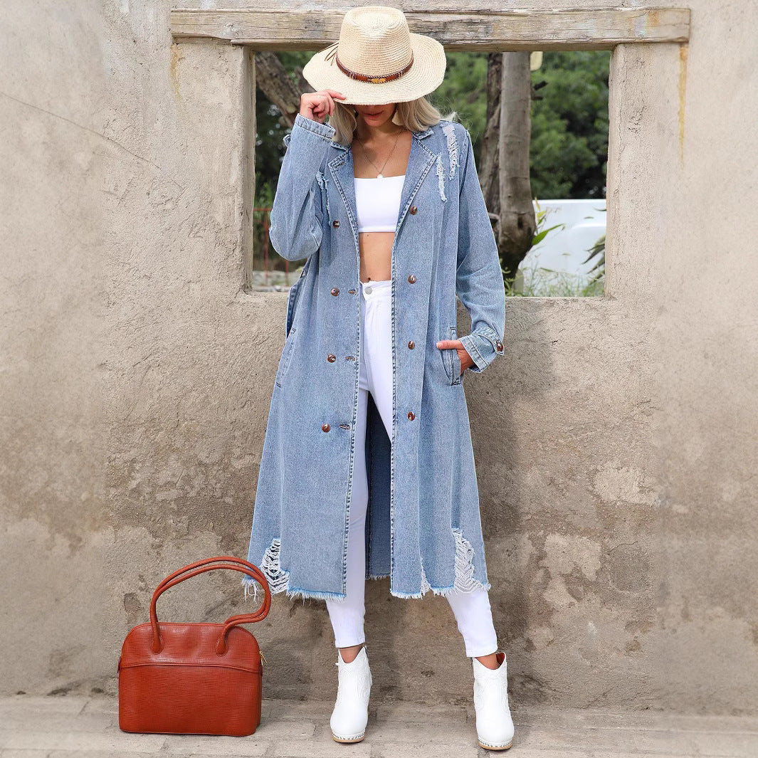 Damen Langer Denim-Trenchcoat mit Distressed-Saum und Doppelreihiger Knopfleiste Echo Archiv