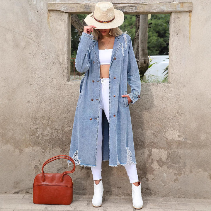 Damen Langer Denim-Trenchcoat mit Distressed-Saum und Doppelreihiger Knopfleiste Echo Archiv