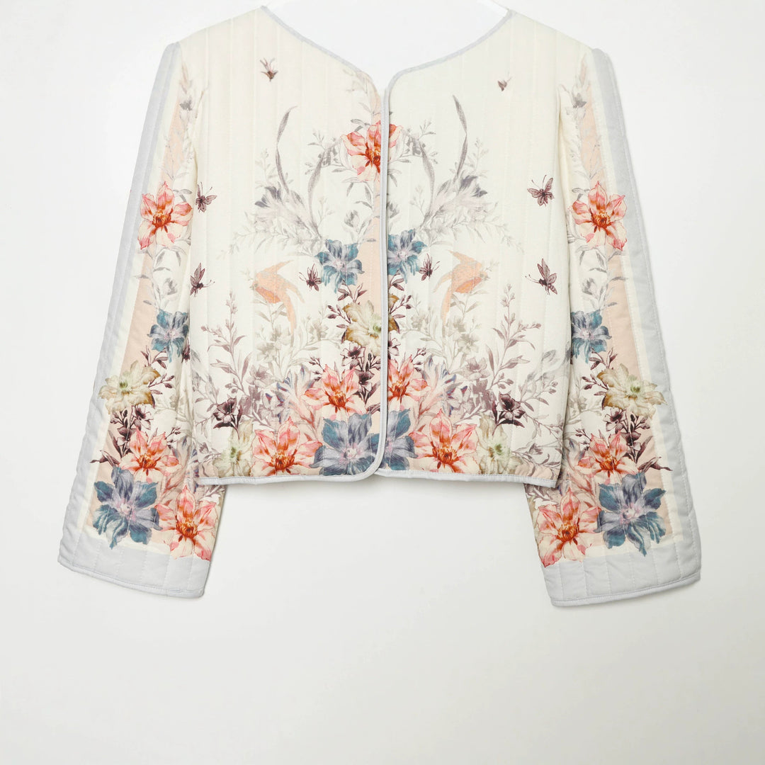 Damen Gestepptes Cropped Übergangsjacke mit floraler Allover-Print und Rundhalsausschnitt Echoarchiv