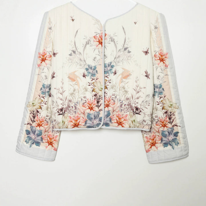 Damen Gestepptes Cropped Übergangsjacke mit floraler Allover-Print und Rundhalsausschnitt Echoarchiv