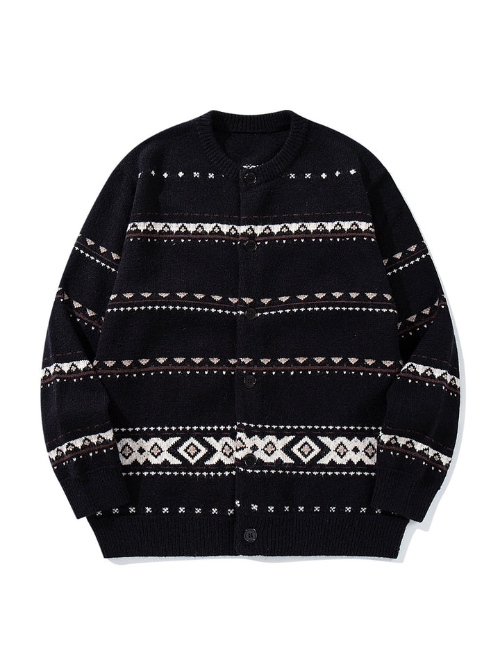 Unisex Strukturierte Jacquard-Strickjacke mit Rundhalsausschnitt, Oversize-Passform und Knopfleiste Echoarchiv