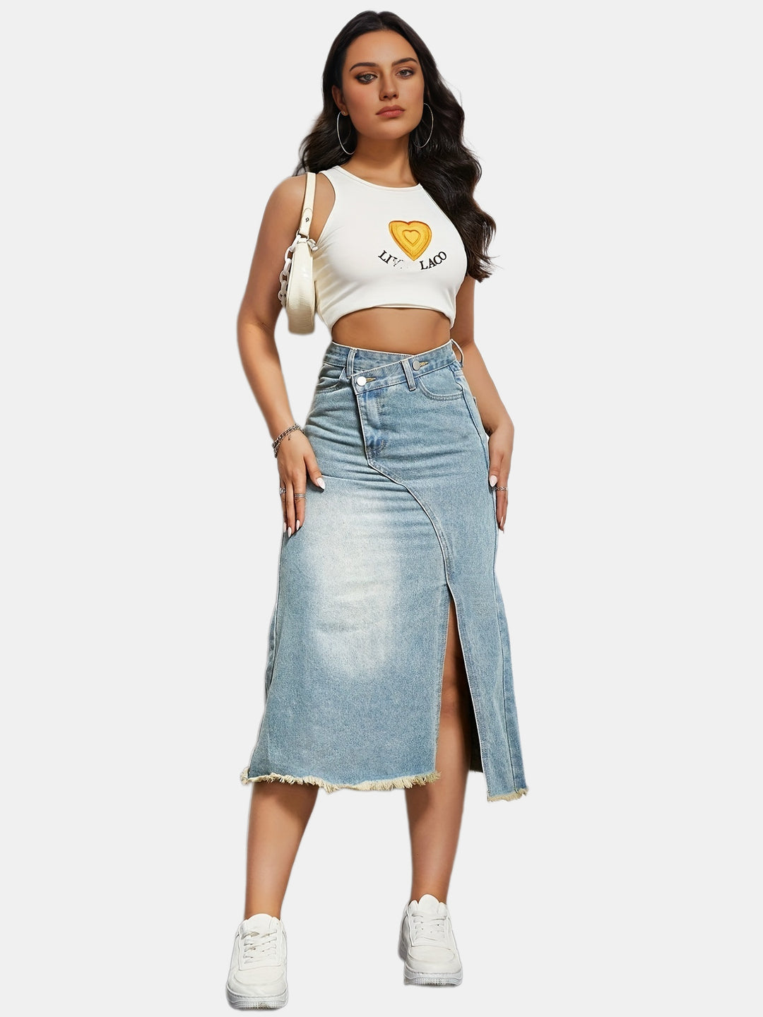 Damen nan asymmetrischer Highwaist-Denim-Midirock mit vorderlichem Schlitz und ausgefranstem Saum Echo Archiv