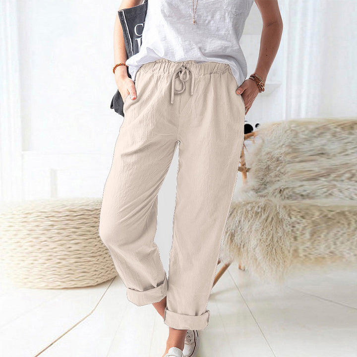 Damen Lockere Leinenoptik-Hose mit Elastischem Bund, Kordelzug und Aufgeschlagenem Saum – Avélisse