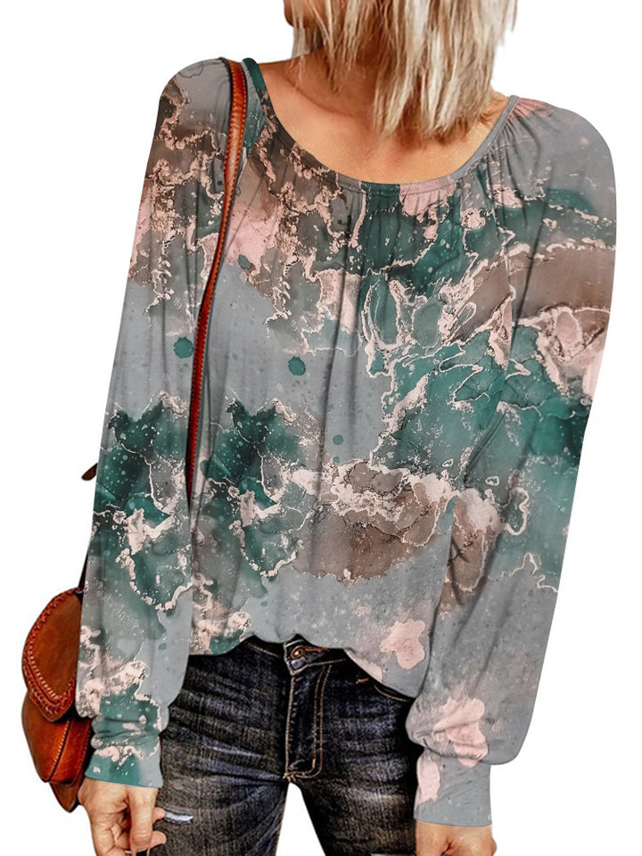 Damen Ethno-Print Oversize-Tunika mit Rundhalsausschnitt und langen Ballonärmeln – Avérine