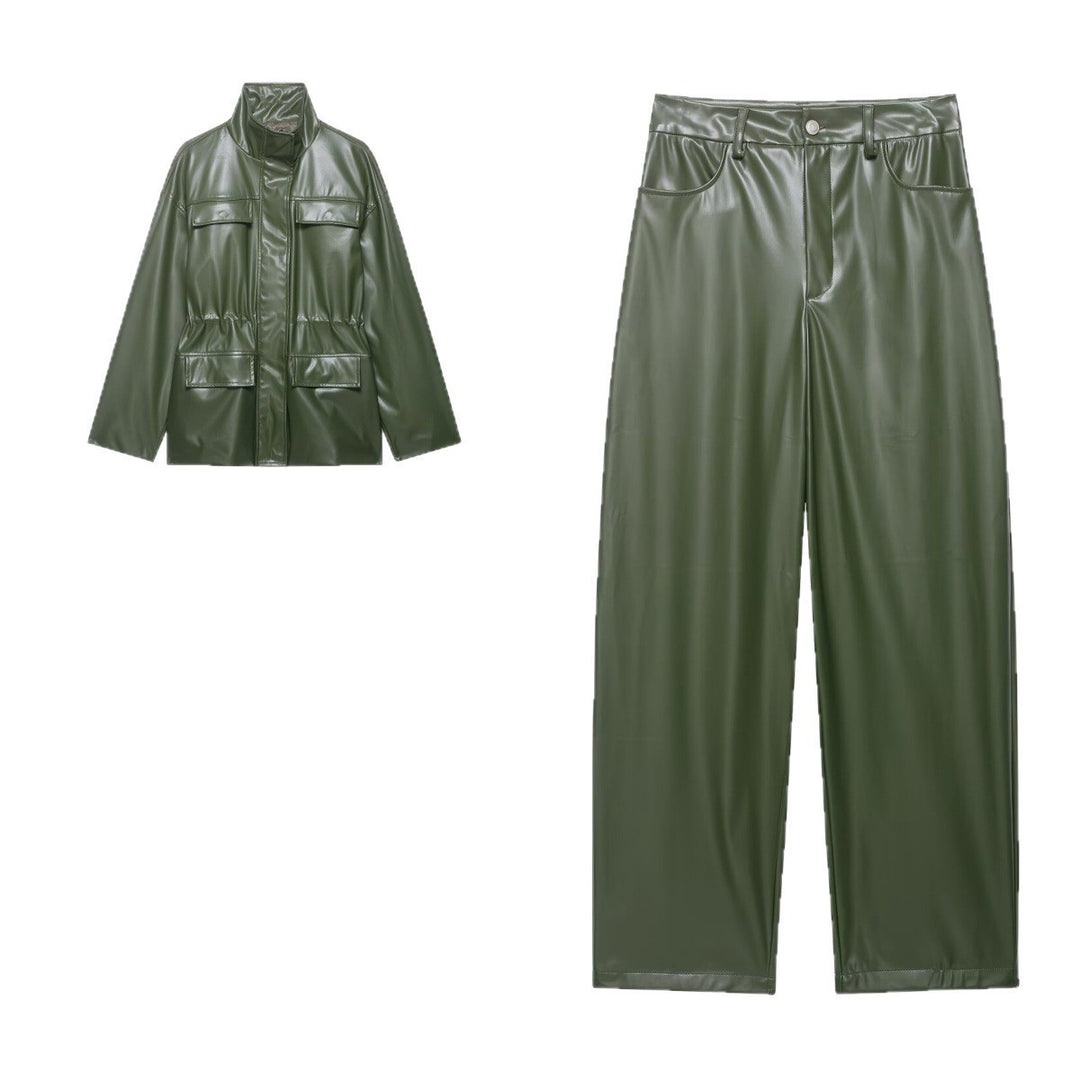 Damen Zweiteiliges PU-Leder-Ensemble mit Fieldjacke, Kordelzugtaillierung und High‑Waist Wide‑Leg Hose Echo Archiv