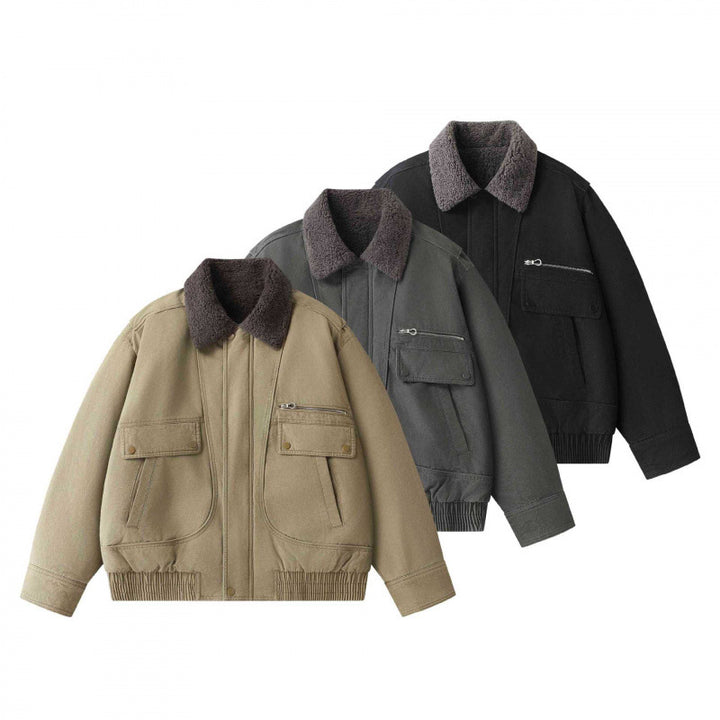 Herren Kurz geschnittener Canvas‑Fliegerblouson mit Sherpa‑Kragen und Multifunktions‑Taschen Echo Archiv