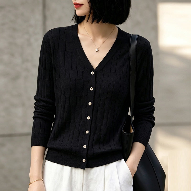 Damen V‑Ausschnitt-Feinstrickcardigan mit strukturierter Blockoptik und durchgehender Knopfleiste Echoarchiv