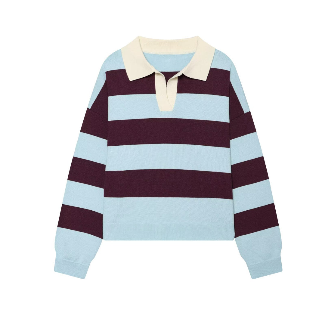 Damen Gestreifter Rugby-Polo-Pullover mit V-Notch und Cropped-Saum Echo Archiv