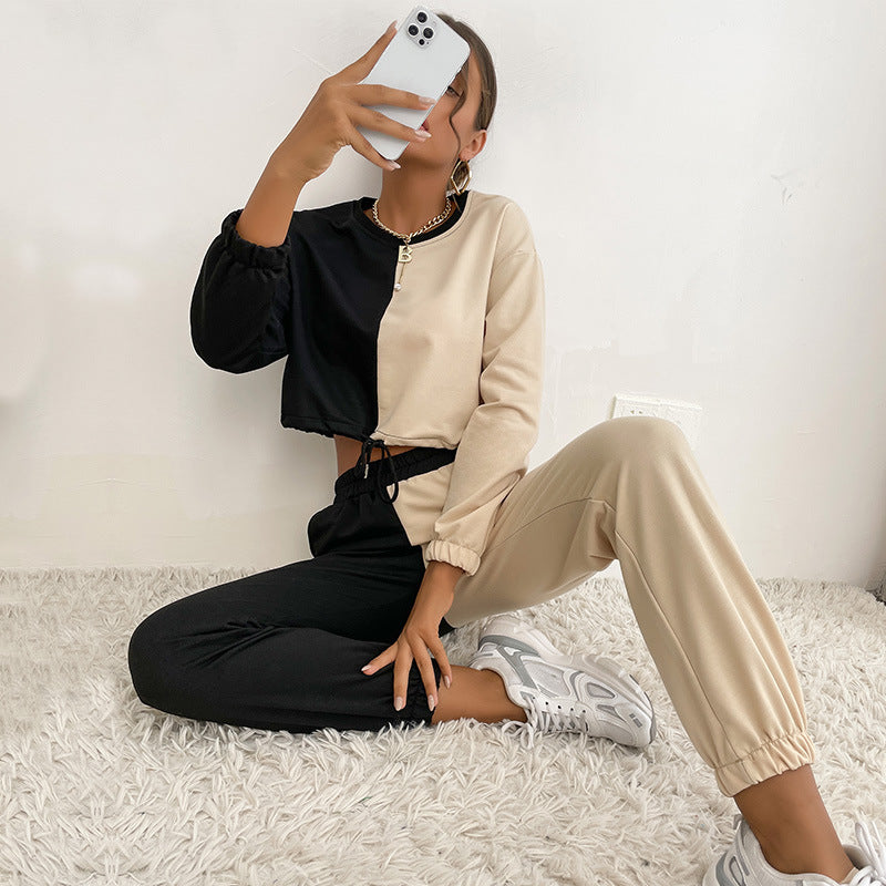 Damen Zweiteiliges Cropped-Lounge-Set mit Farbblock-Optik, Kordelzug und Jogger Echoarchiv